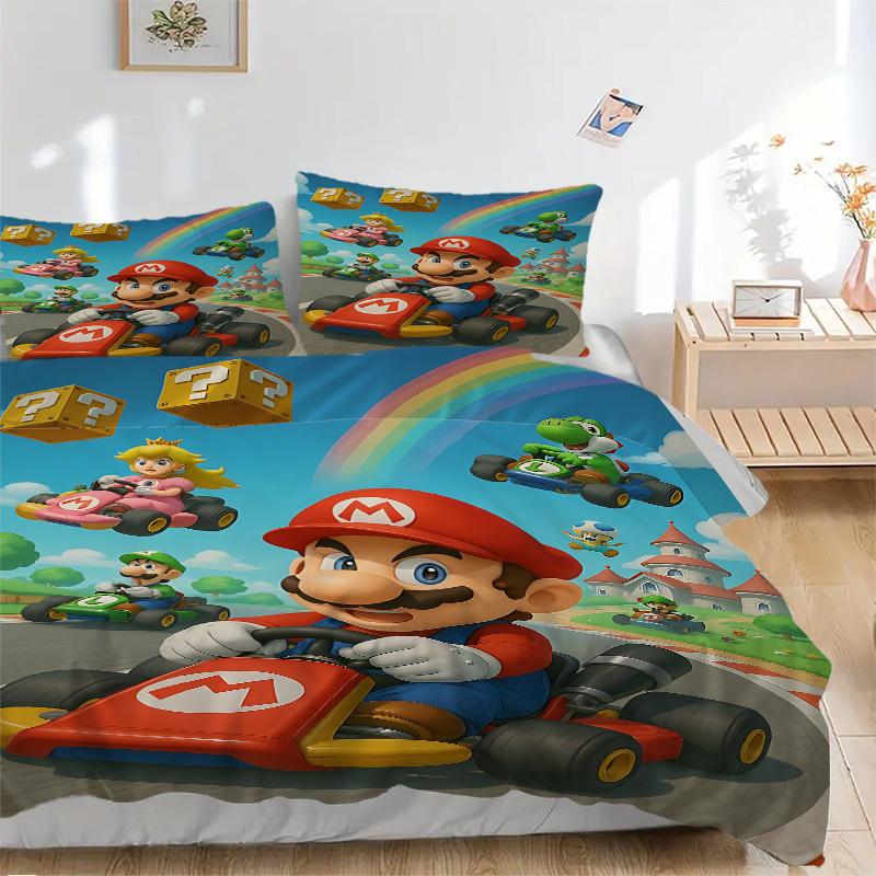 3pcs bedding set Mario Kart Rainbow Includes 1 Comforter + 2 Pillowcases, Without Pillow Inserts, Soft Comfortable, Lightweight Breathable,