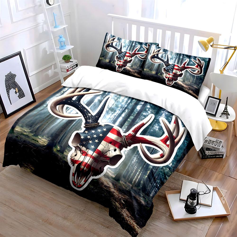 Usa Flag Deer Skull Decor Set Soft Comfortable Duvet Cover Bedding Set Included 1*Duvet Cover & 2*Pillowcases, Gift