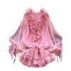 European and American High-Grade Lantern Sleeve Dress Women Summer Frill Three-Dimensional Flower Strap Design Unique Beautiful Short Dress