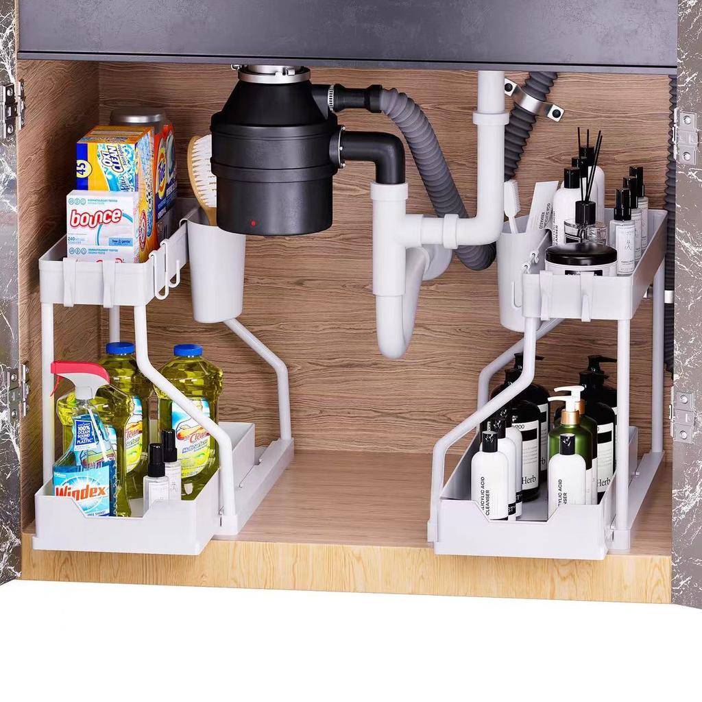 Under Sink Organizer 2-Tier L-Shape Sliding Under Sink Organizers and Storage, Pull Out Under Sink Counter Storage Organizer