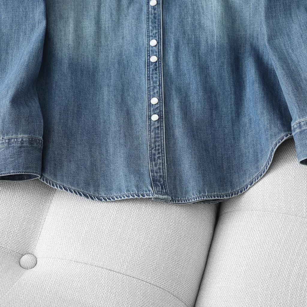 Damen Schlankmachendes Langarm Gewaschenes Baumwoll-Denim-Hemd für Frühling/Herbst