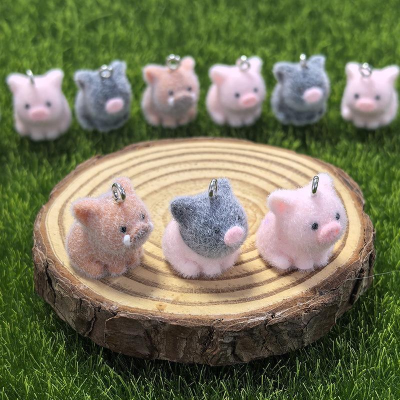 2Pcs Adorable 3D Mini Flocking Pig Charms Soft Flocked Piggy Pendants for DIY Jewelry Making Kids Art Craft Projects