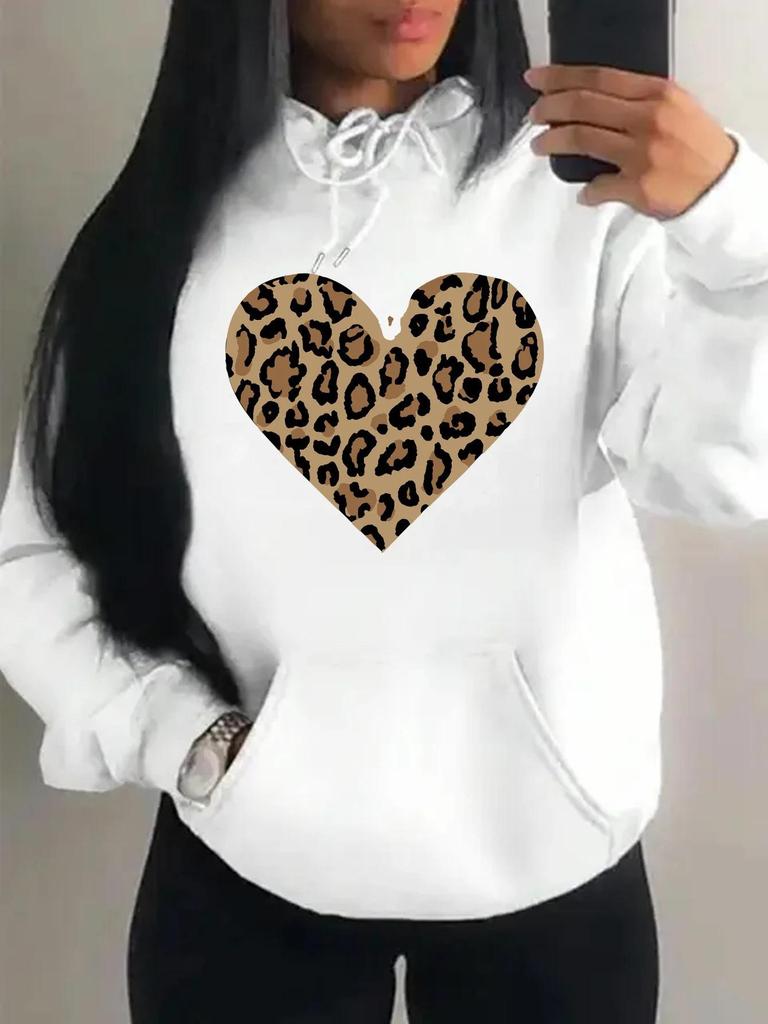 Women's Loose Leopard Heart Print Fleece Hoodie
