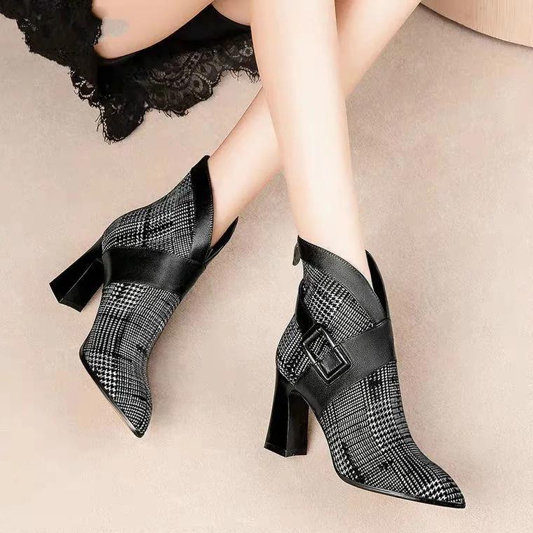Sexy Women Boots 2025 Autumn and Winter V-Neck High Heels Ankle Shoes Boots Leather Booties Feminina Woman Wedding Party Shoes
