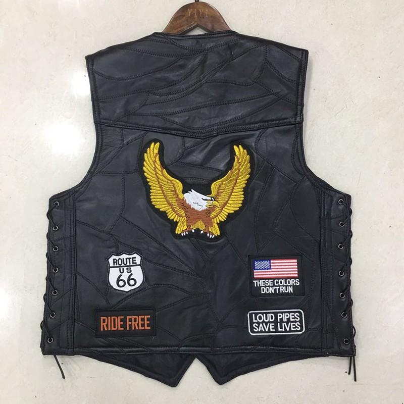 Mens PU Leather Biker Vest With Eagle Embroidery Patch V-Neck Sleeveless Jacket Streetwear Casual Riding