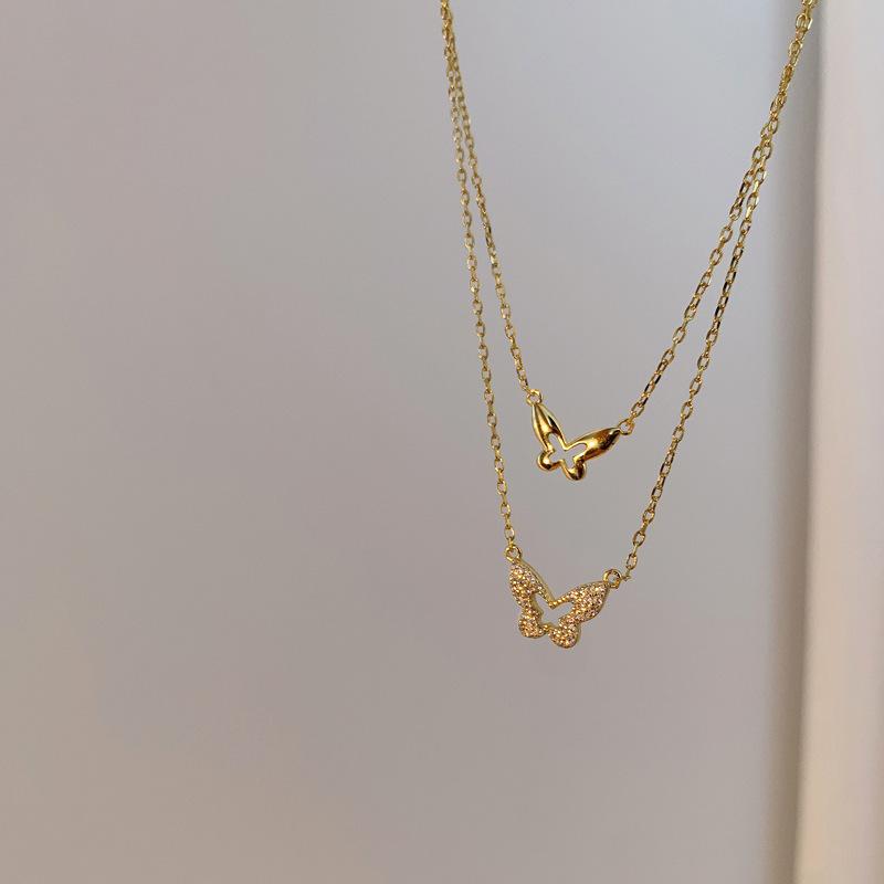 2022 New Golden Inlaid Zircon Double Layer Butterfly Necklace Women’s Personality Fashion Necklace Wedding  Birthday Gift