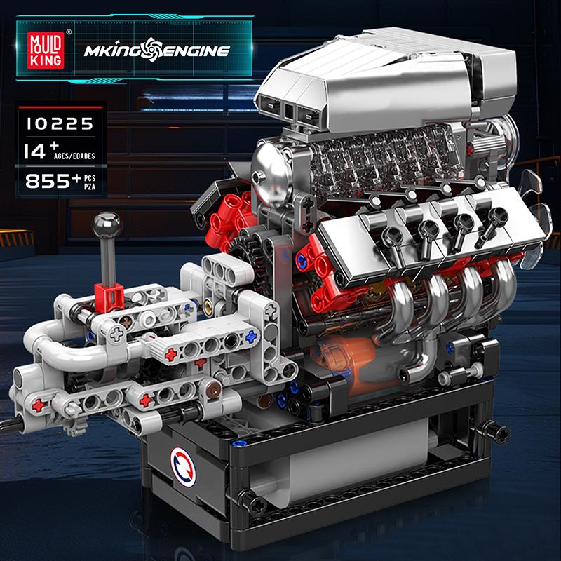 Mould King 10225 Technisches Motor-Spielzeug Der motorisierte V8-Auto-Motor Baustein Montage Motorstein-Set Weihnachtsgeschenk für Kinder