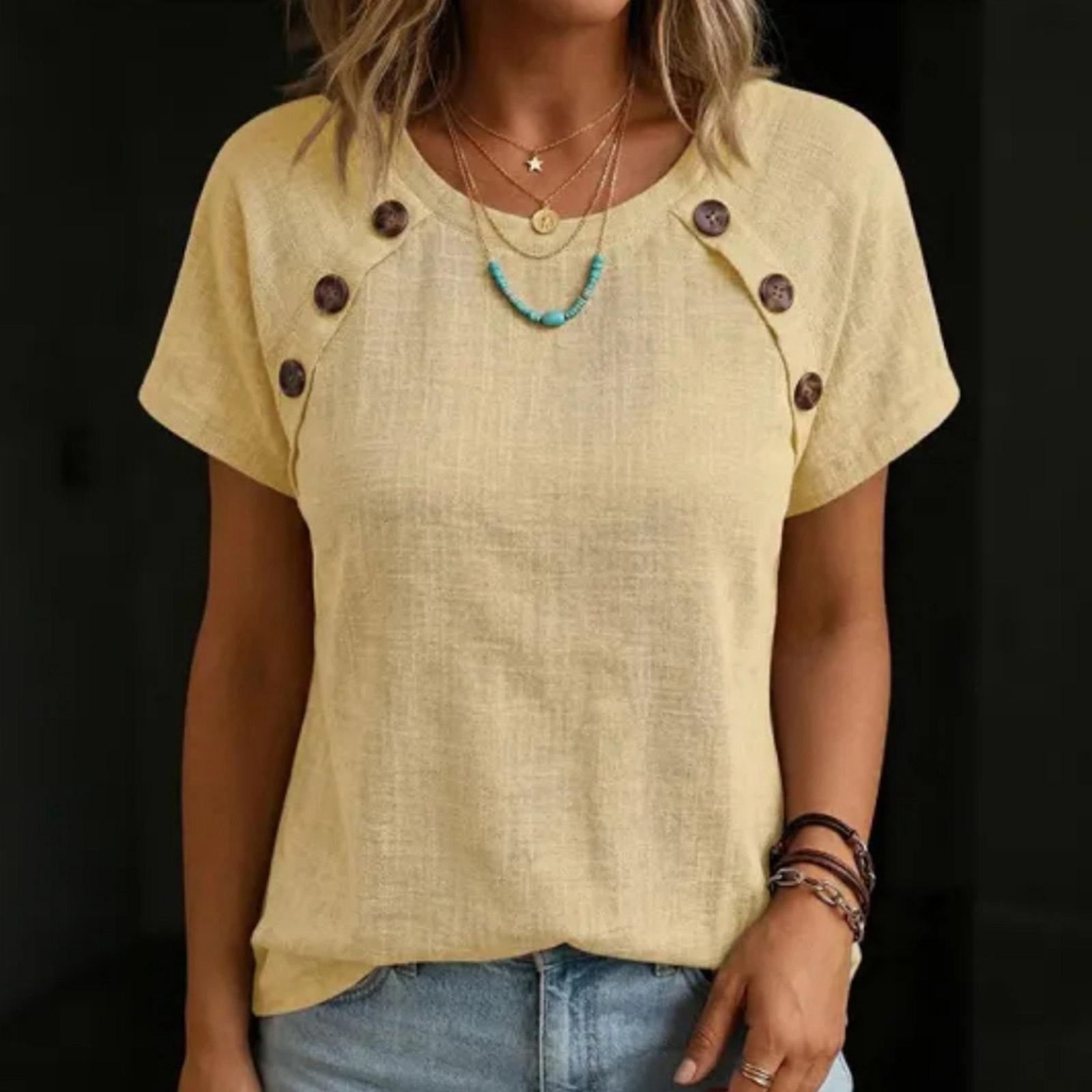 

Women s New Fashion Summer -Color Round-Neck Short-Sleeve Casual Shirt Top With Buttons M жёлтый