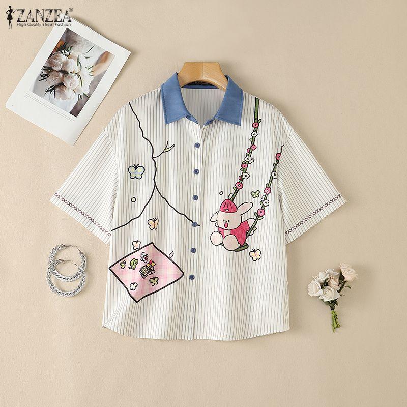 ZANZEA Women Casual Turn Down Collar Loose Short Sleeve Funny Print Stripe Blouse