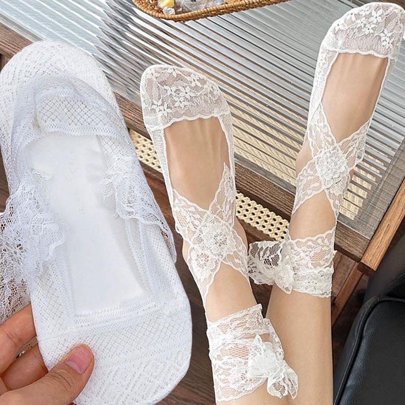 1/4pairs Fashion White Flower Lace Tie Straps Boat Socks Korean Sweet Ballet Sock for Women Kawaii Lolita JK Slipper Dance Sock