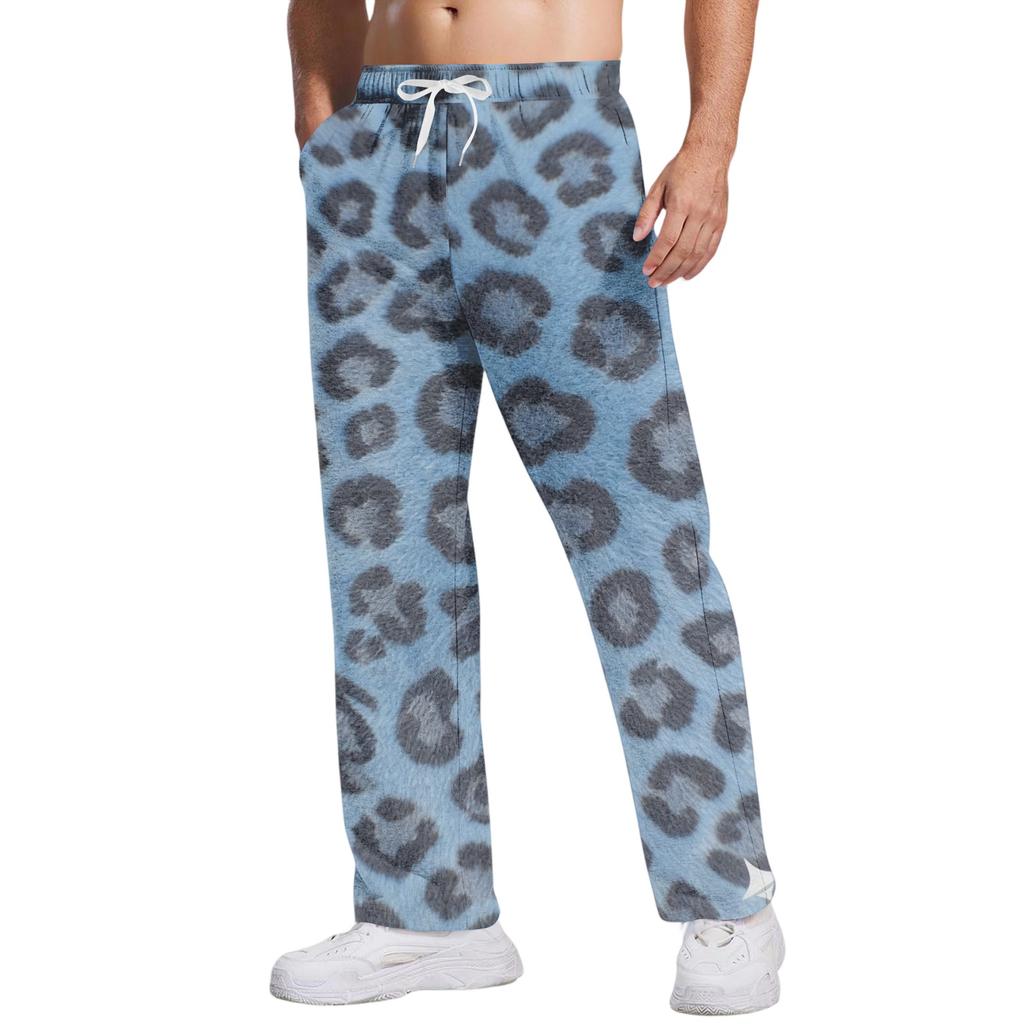 Men's Loose Fit Casual Leopard Print Pants Drawstring Waist Breathable Athletic Long Trousers for Daily Wear and Sports