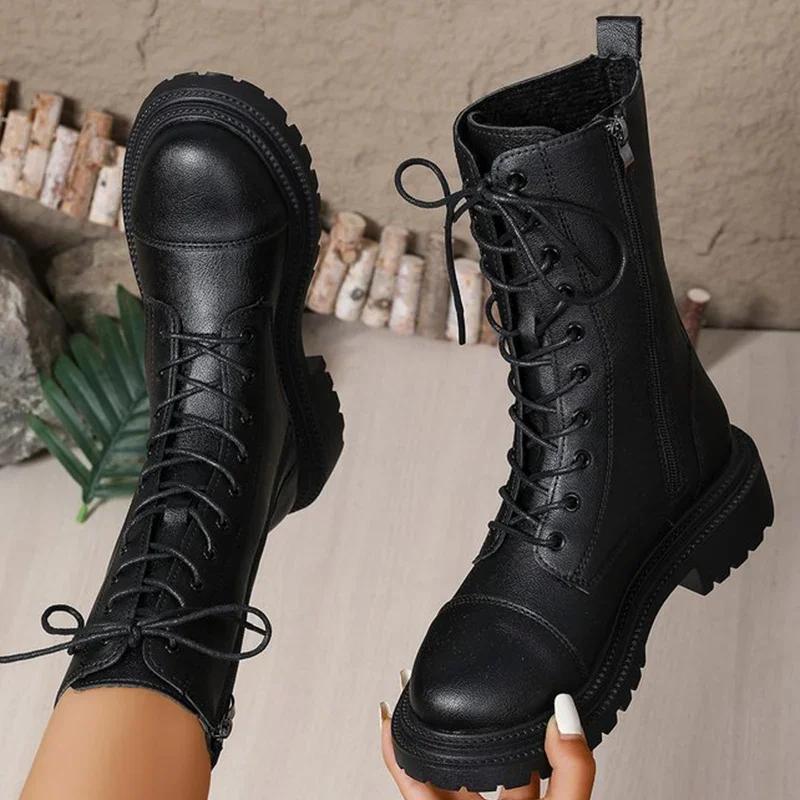 Fashion Fashion Solid Zip Mid Calf Boots for Women Autumn Winter Platform Heels Motorcycle Boots Women Temperament Lace-Up Shoes Woman