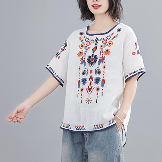 T-shirt Embroidered Loose National Style Ladies Short Sleeve Oversize Blouse