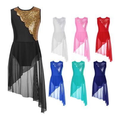 Kids Girls Lyrical Modern Contemporary Dance Dress Leotard Irregular Hem Hollow Back Dress