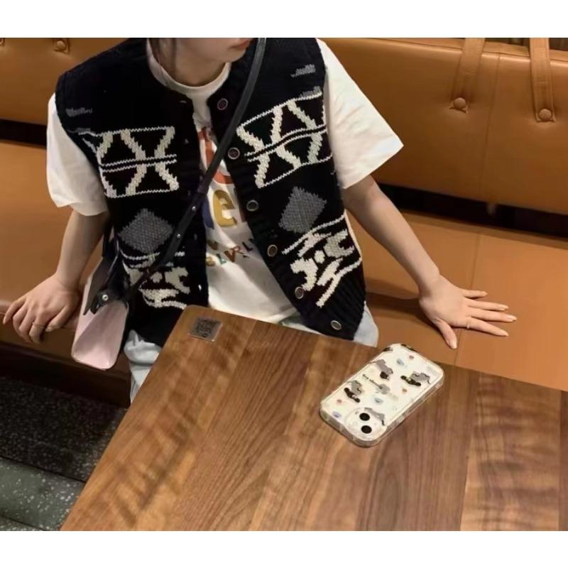 

Новый ретро геометрический вязаный жилет свитер женский дизайнерский нишевый вязаный топ без рукавов one size fits all чёрный