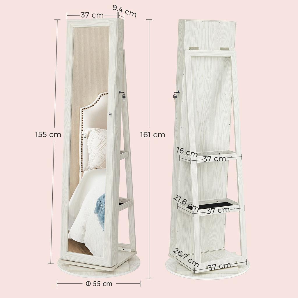SONGMICS Freestanding Jewellery Cabinet, 360 degrees Swivel Jewellery Organiser with Mirror, Shelves, 3-in-1 Lockable Jewellery Armoire