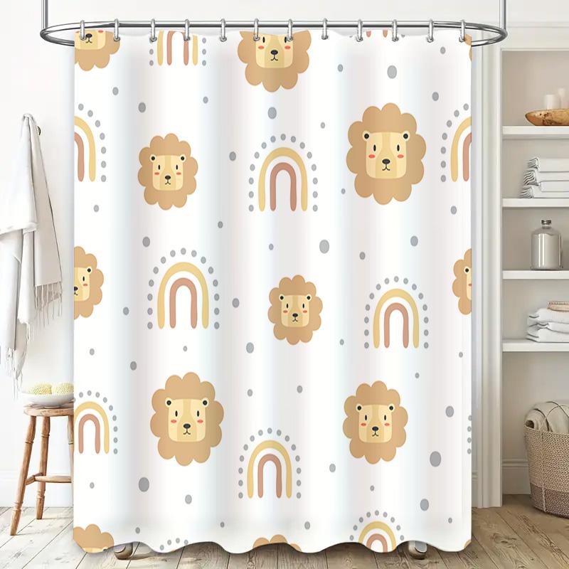 Rainbow Lion Cartoon Print Shower Curtain White Fabric Cute Animal Bathroom Decor