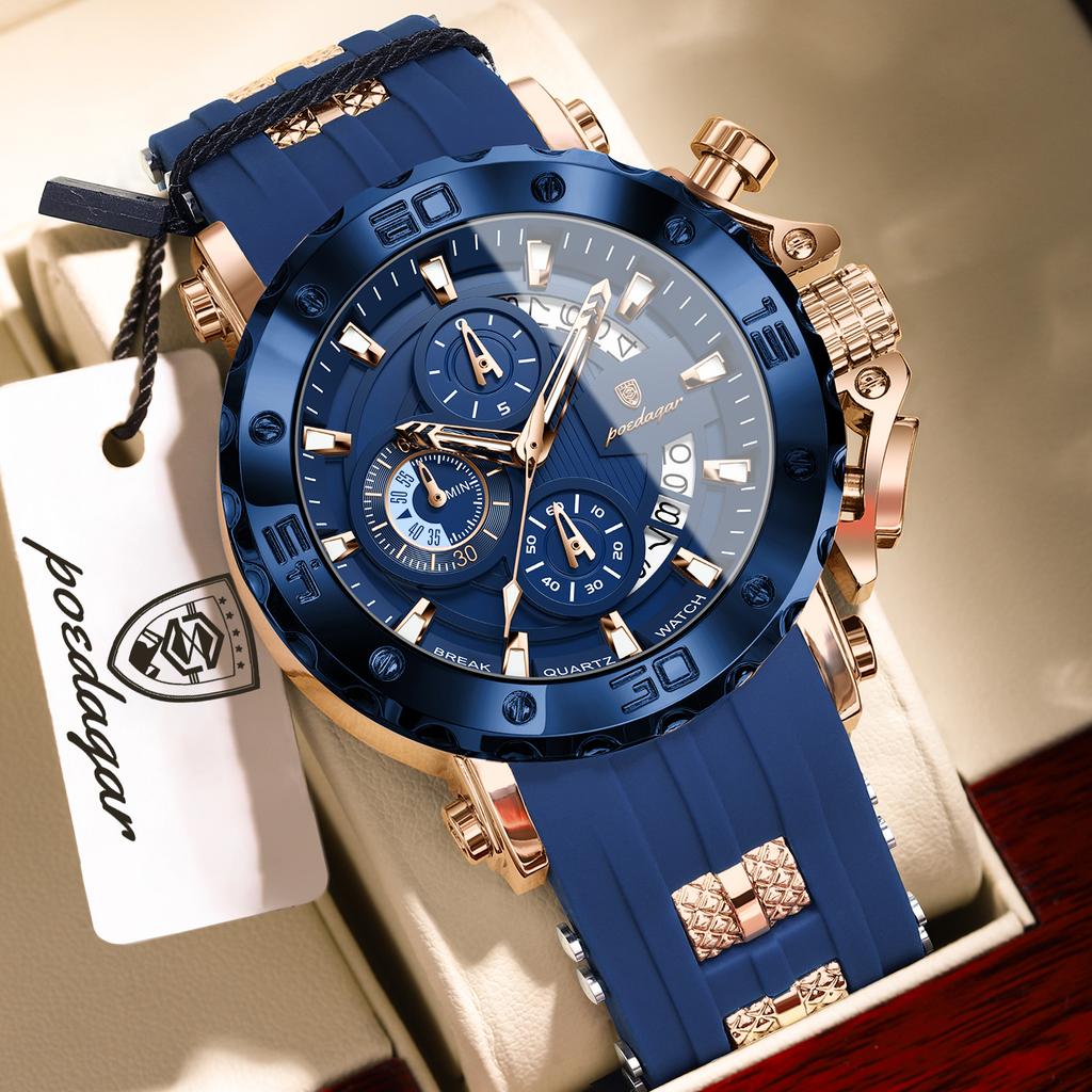 POEDAGAR Top Sport Man Watch Chronograph Waterproof Luminous Fashion Men Clock Date Silicone Strap Quartz Military Men's Watches