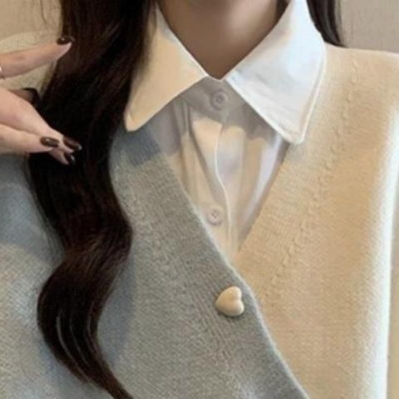 Women Irregular Contrasting Vest Sweaters Korean Gentle V-neck Female Knitted Sweater Autumn Casual Pullover Ladies Top