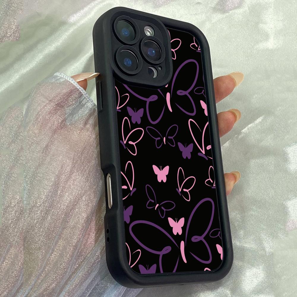 JT85 Black Pink Aesthetic Colourful Butterflies for iPhone 17 16 15 Pro Max Samsung S26 S25 S24 Ultra A17 A16 A07 A56 Xiaomi 15T Redmi 15c Soft Case