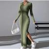 Women's Knit Dress Fall Casual Long Sleeve Lapel Collar Solid Color Bodycon Long Dresses Maxi for Female Going Out Streetwear