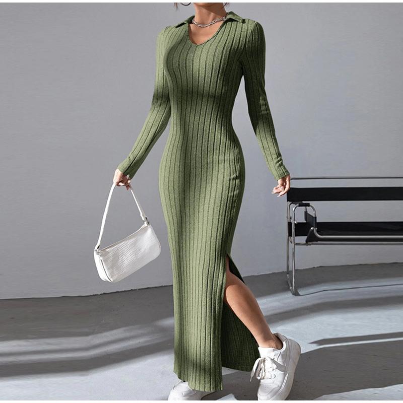 Women's Knit Dress Fall Casual Long Sleeve Lapel Collar Solid Color Bodycon Long Dresses Maxi for Female Going Out Streetwear