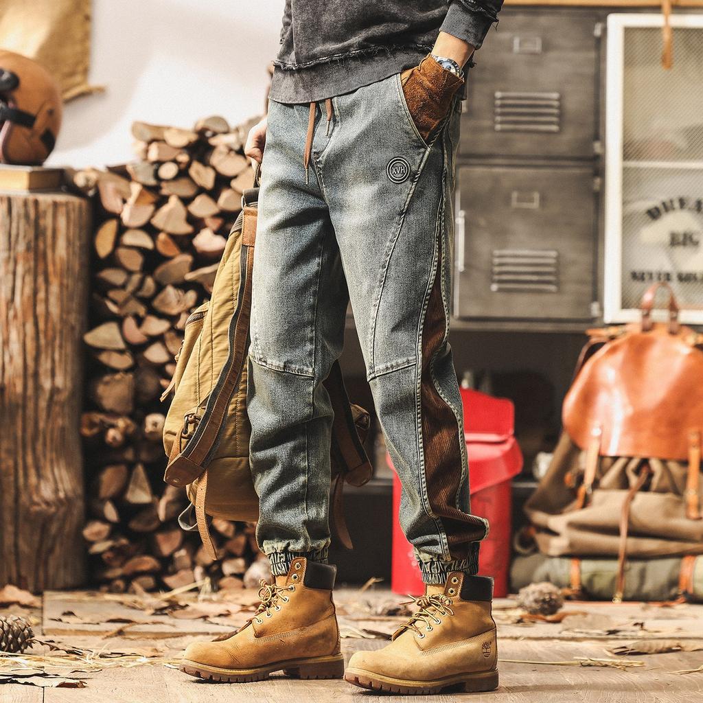 American retro jeans men's new spring and autumn tide brand old splicing tooling pants men's autumn casual pants