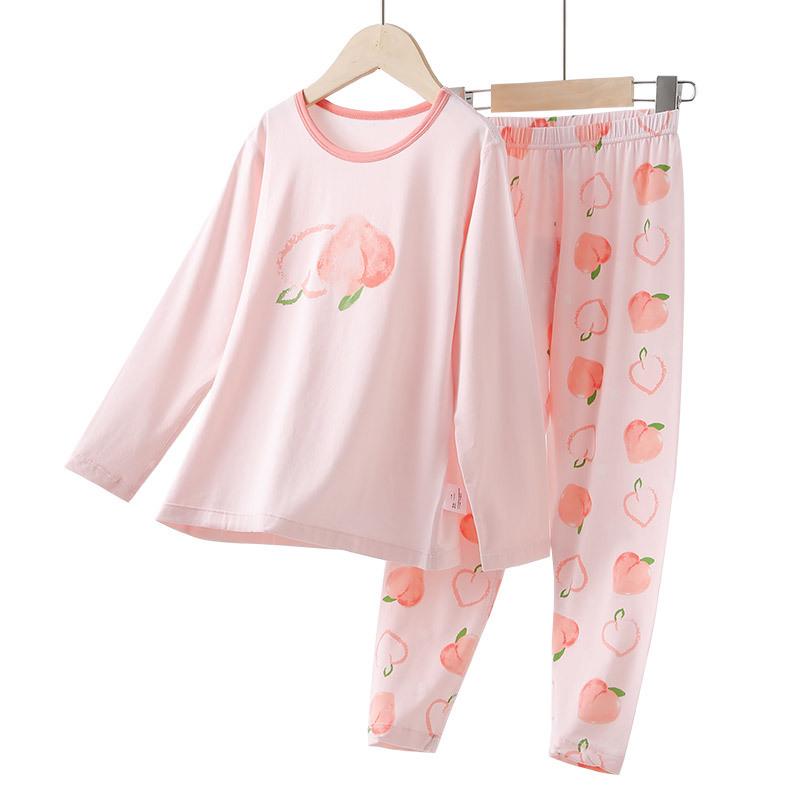 Wiosenno-letni bawełniany zestaw piżamy dla dziewczynek klasy A: Uroczy, Domowy Strój z Okrągłym Dekoltem dla Średniego Dziecka - Jesienne Spodnie w Zestawie