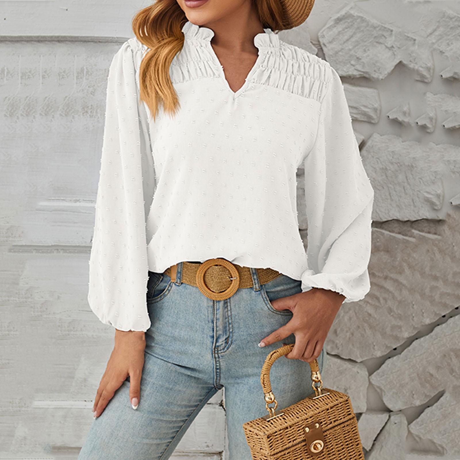 

Женская свободная тканая рубашка с длинными рукавами и v-образным вырезом со сборками XL белый