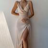 Spring Sexy V-neck Halter Slit Mid-length Dress for Women