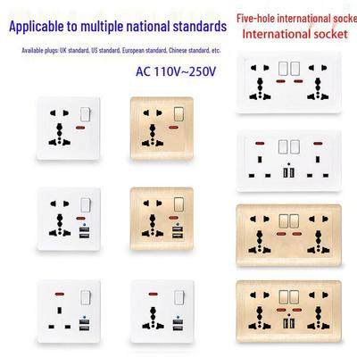British 13A Dual Gang USB Socket Panel with Switch, 146 Type, International Five-Hole Design