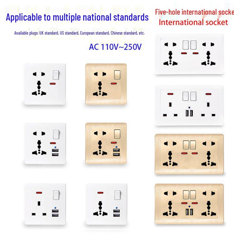 British 13A Dual Gang USB Socket Panel with Switch, 146 Type, International Five-Hole Design