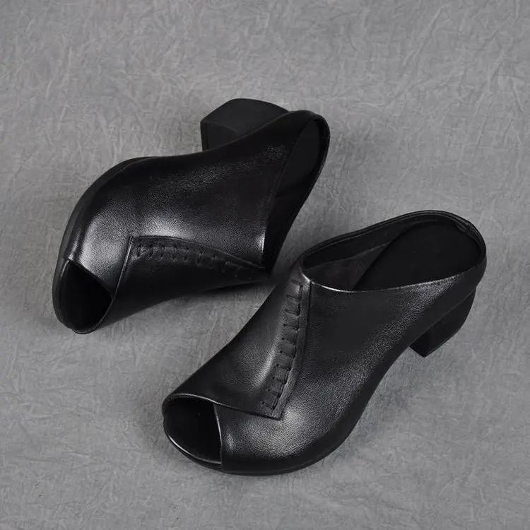 Thick-heeled Soft Leather Outer Slippers Fish Mouth Comfortable Versatile Mid-heeled Women Sandals Women's Mother's Shoes Women