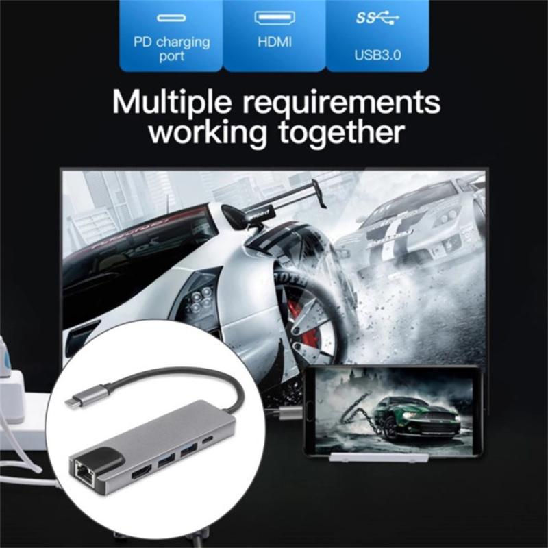 5 viename USB C šakotuvas C tipo į 4K suderinamas adapteris RJ45 tinklas 100M Ethernet LAN įkroviklio prievado adapteris MacBook Pro