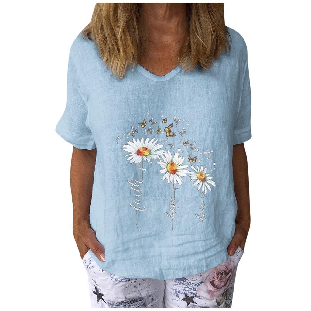 Women's Casual Print Cotton And Linen  Short Sleeves T-Shirt Blouse Tops