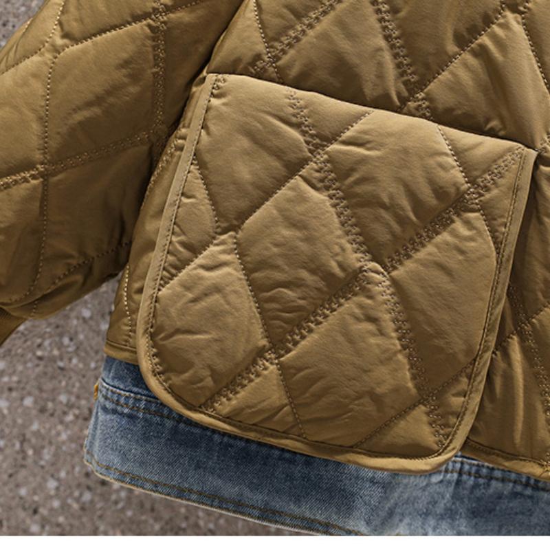 Women's   Autumn  Vacation Two-piece Denim Stitching Padded Jacket Jacket  Loose Fashion Rhombic Padded Jacket