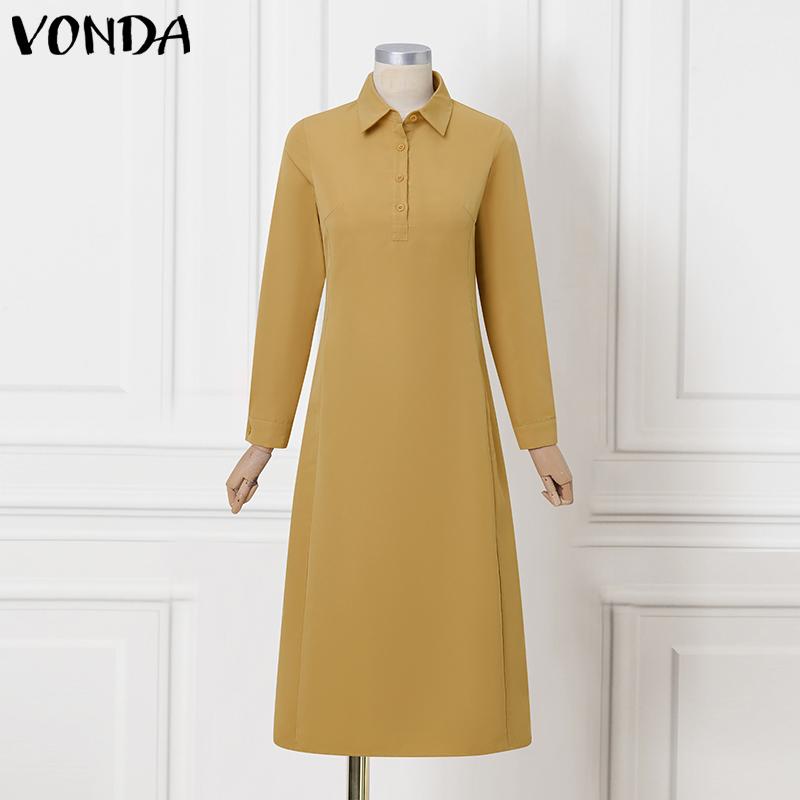 

VONDA Элегантное женское платье-рубашка с длинным рукавом на пуговицах, с отложным воротником, длинное, прямого кроя XL хаки