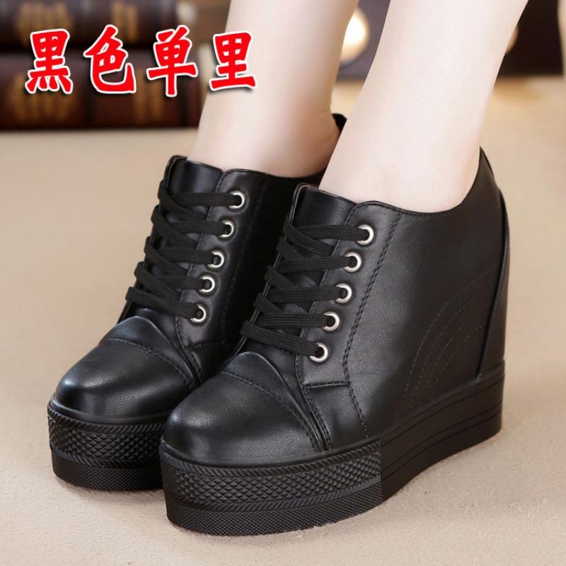 Fashion Women Autumn Leather 11cm Hidden Wedge Sneakers Platform Shoes High Heels Sneakers Female Casual Footwear White Woman Trainers