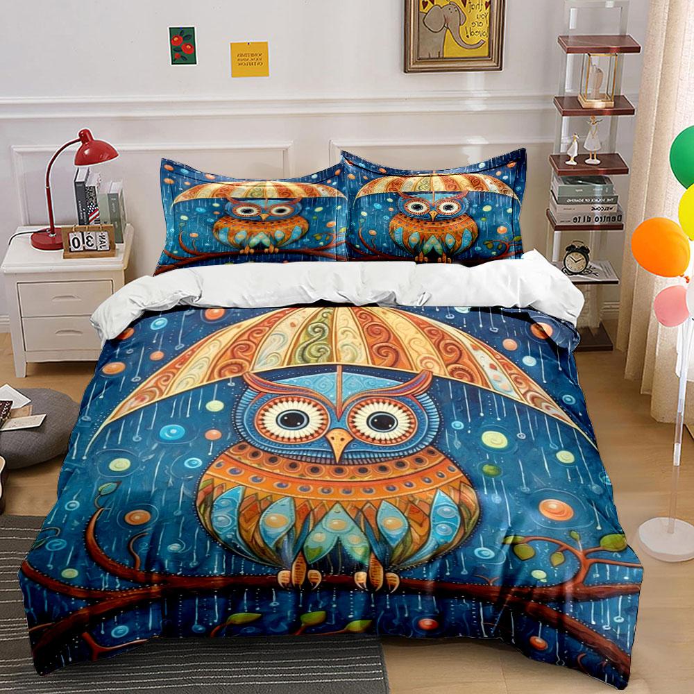 Colorful owl under umbrella. Bedding sets Duvet cover sets Duvet covers Pillowcases(1*Duvet Cover 2*Pillowcases without duvet insert)