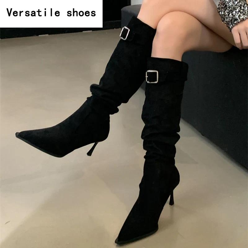 High Heel Women Knee High Boots Fashion Pointed Toe Slip On Shoes Dancing Party Dress Long Botas De Mujer