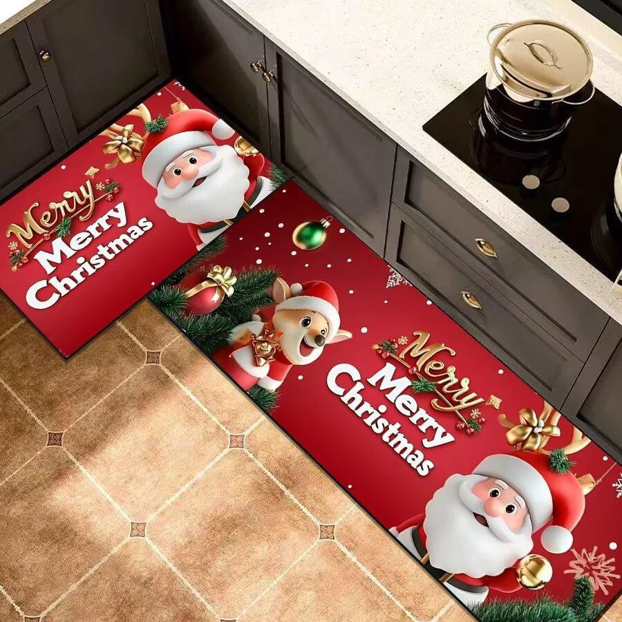 

Christmas Santa Kitchen Mat Set, 2-PC Absorbent Non-Slip Floor Rugs for Holiday Decor 45 * 70cm + 45 * 120cm (crystal velvet)