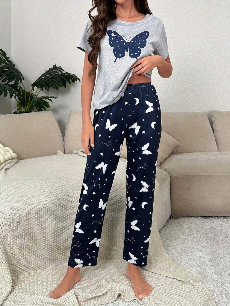 Homewear Suit, Butterfly Printing Short-sleeved Trousers, Comfortable and Universal In All Seasons