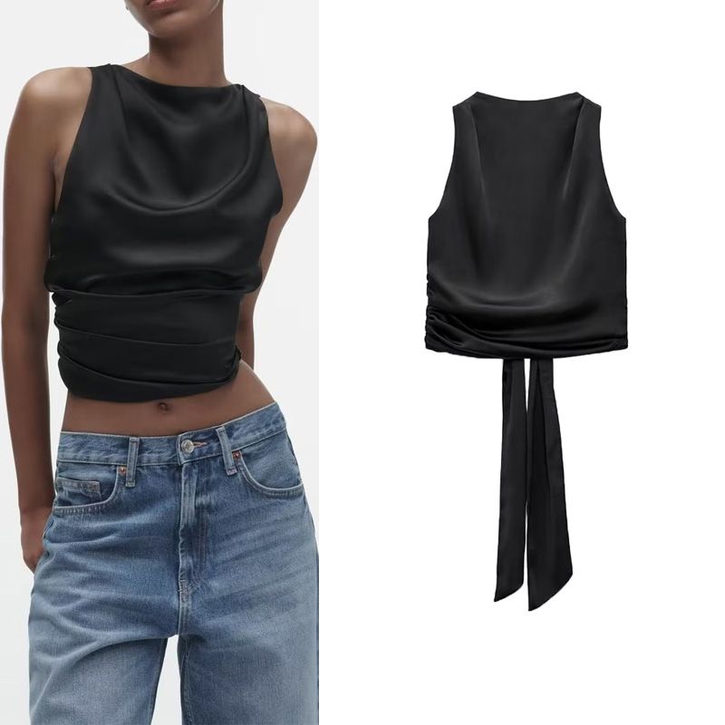 Spring NEW round Neck Sleeveless Sexy Bow Vest Open Back Silk Satin Texture Tops 2442650