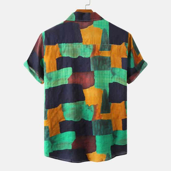 Men Shirt Vintage Style Geometric Print Colorful Turn-down Collar Summer Top Male Garment