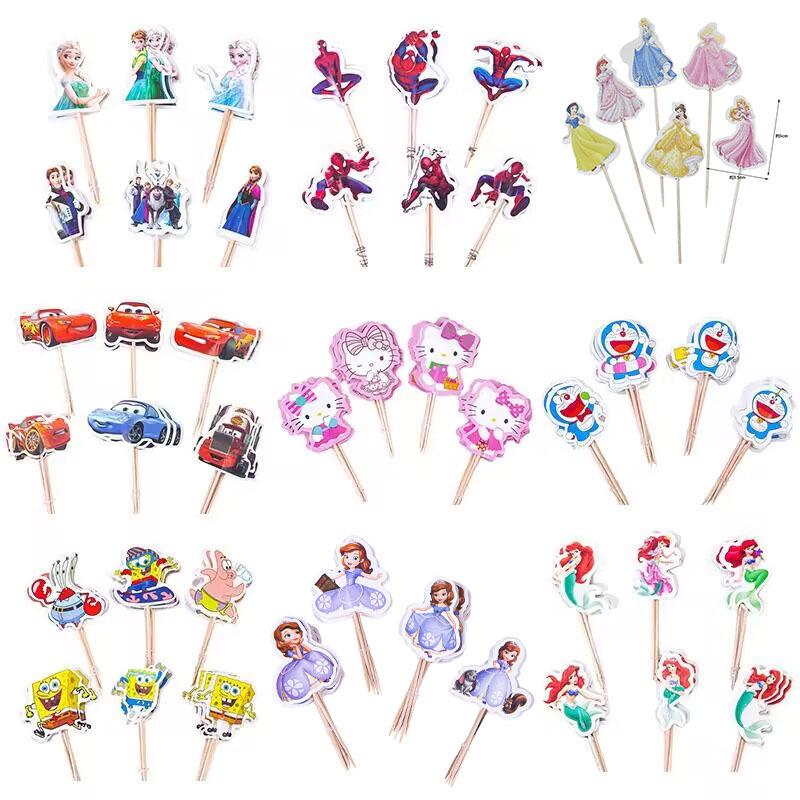 24Pcs Double‑Sided Cartoon Cake Toppers, Toothpick Cupcake Picks, Birthday Party Dessert Table Decorations Supplies