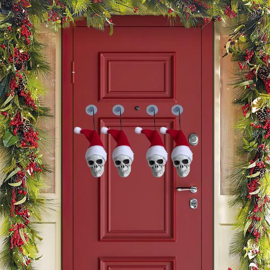 Hanging Skull Santa Hat Halloween Ornaments Gothic Xmas Tree Hanging Skeleton Decor Plastic Small Skull Head Decoration for Party Supplies