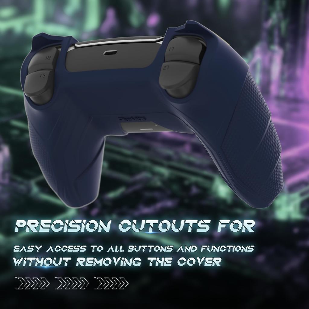 PlayVital PS5 Controller Silicone Mecha Rhino Shockproof Protective Easy Includes Thumb Grips and Compatible with Charging Midnight Blue and Purple