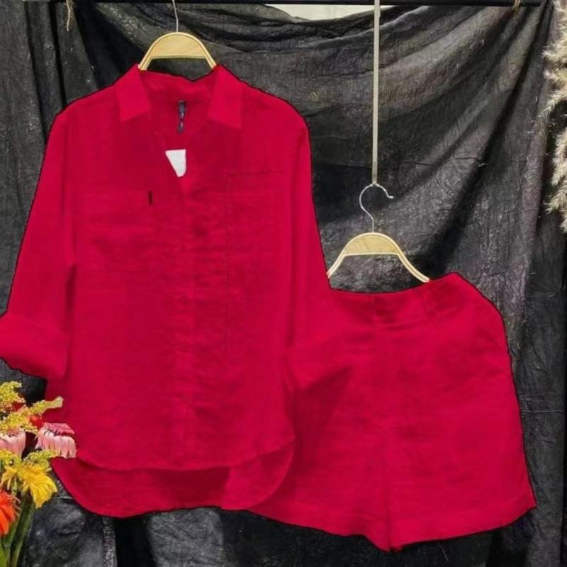 Two-Piece Set for Women Consisting of A Casual Loose Long-Sleeve Collared Shirt and Shorts, Perfect for Spring and Summer(Order A Size Up)