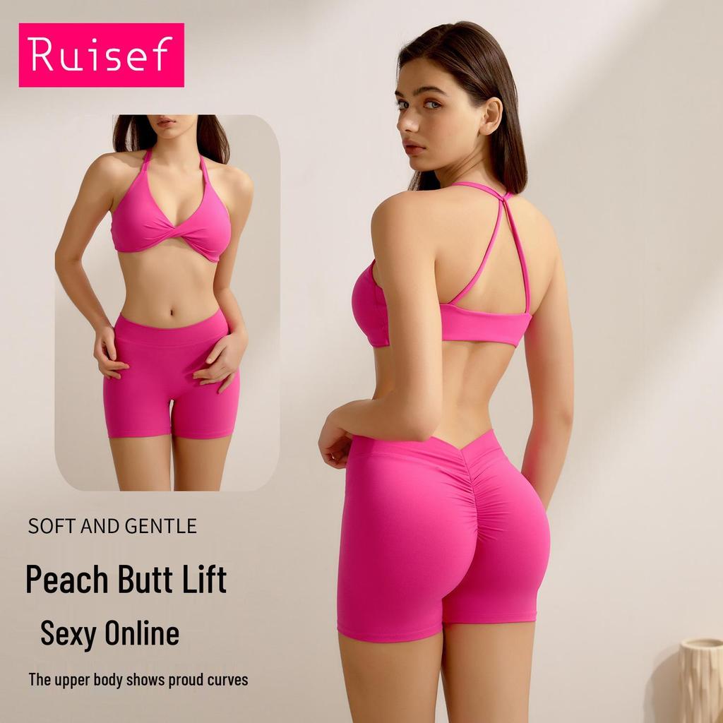 Women's Peach Hip-Lifting Yoga Set: Cross-Back Strap, Three-Quarter Pants, Two-Piece Fitness Outfit.
