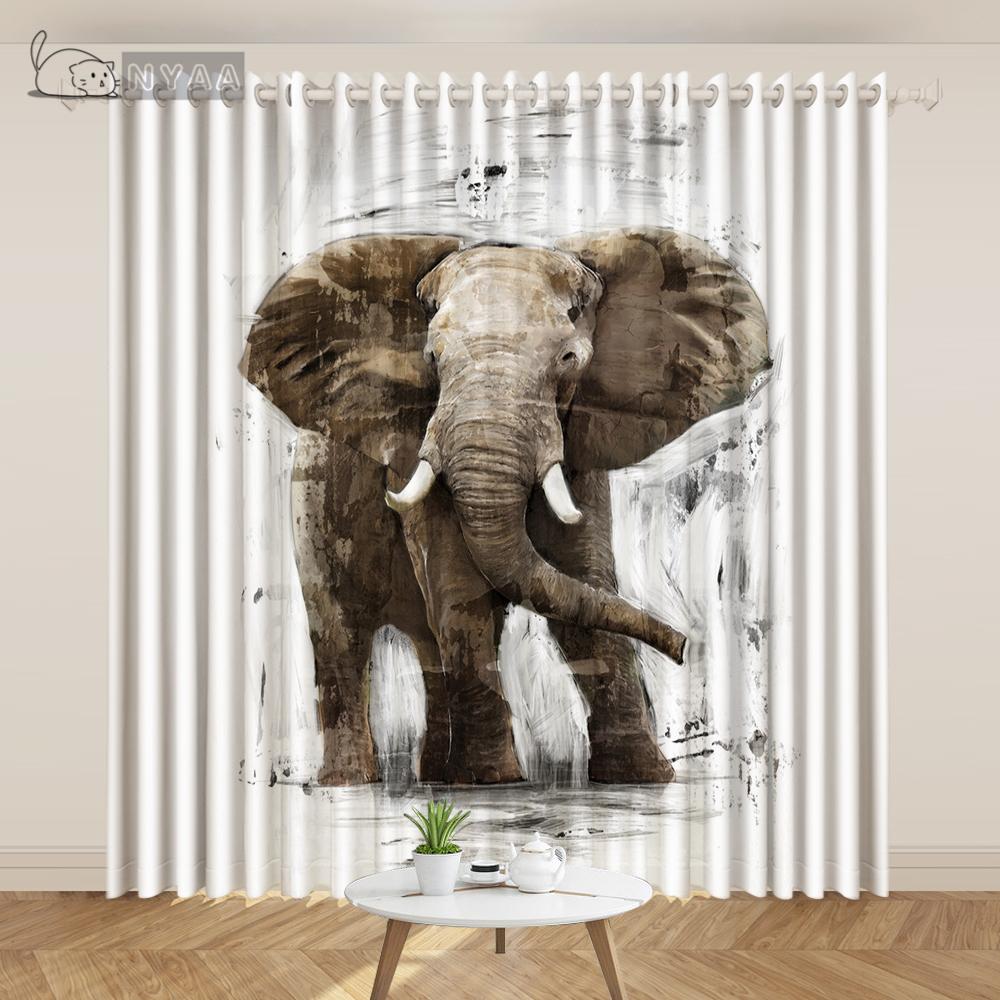 2PCS Exotic India Southeast Asia Style Oil Painting Curtain Auspicious Elephant Curtain Art Living Room Bedroom Custom Cortinas